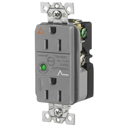 HUBBELL WIRING DEVICE-KELLEMS IG TVSS Duplex Receptacle with Light and Alarm, 15A 125V, 5-15R, Gray IG5262GYSA